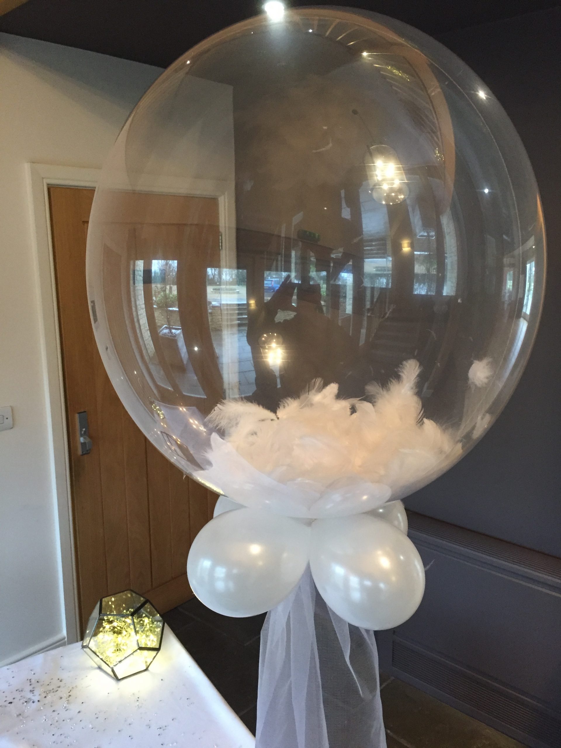 Clear balloons with feathers inside